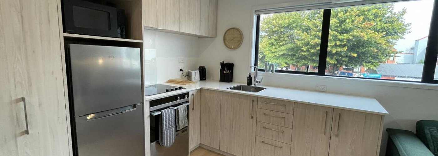 Stylish 1 Bedroom AirBnB Apartment In Christchurch Kitchen View.